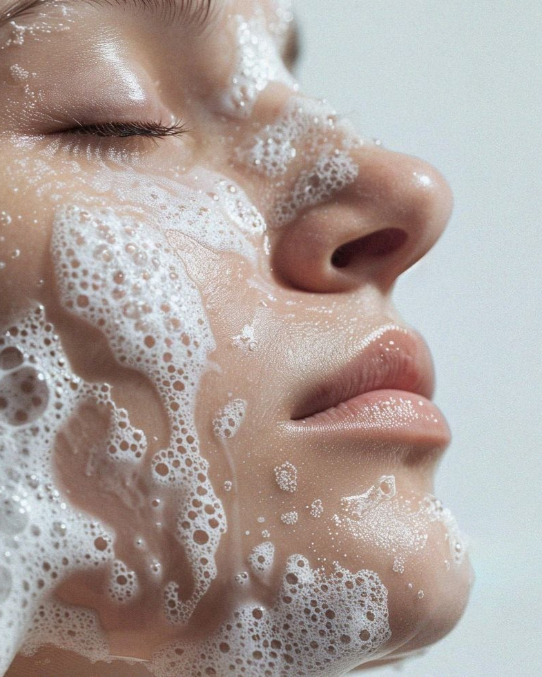 Profil d’un visage féminin avec des bulles de mousse douce applicquée sur la peau, illustrant un nettoyage délicat associé à un savon naturel aux ingrédients réparateurs.