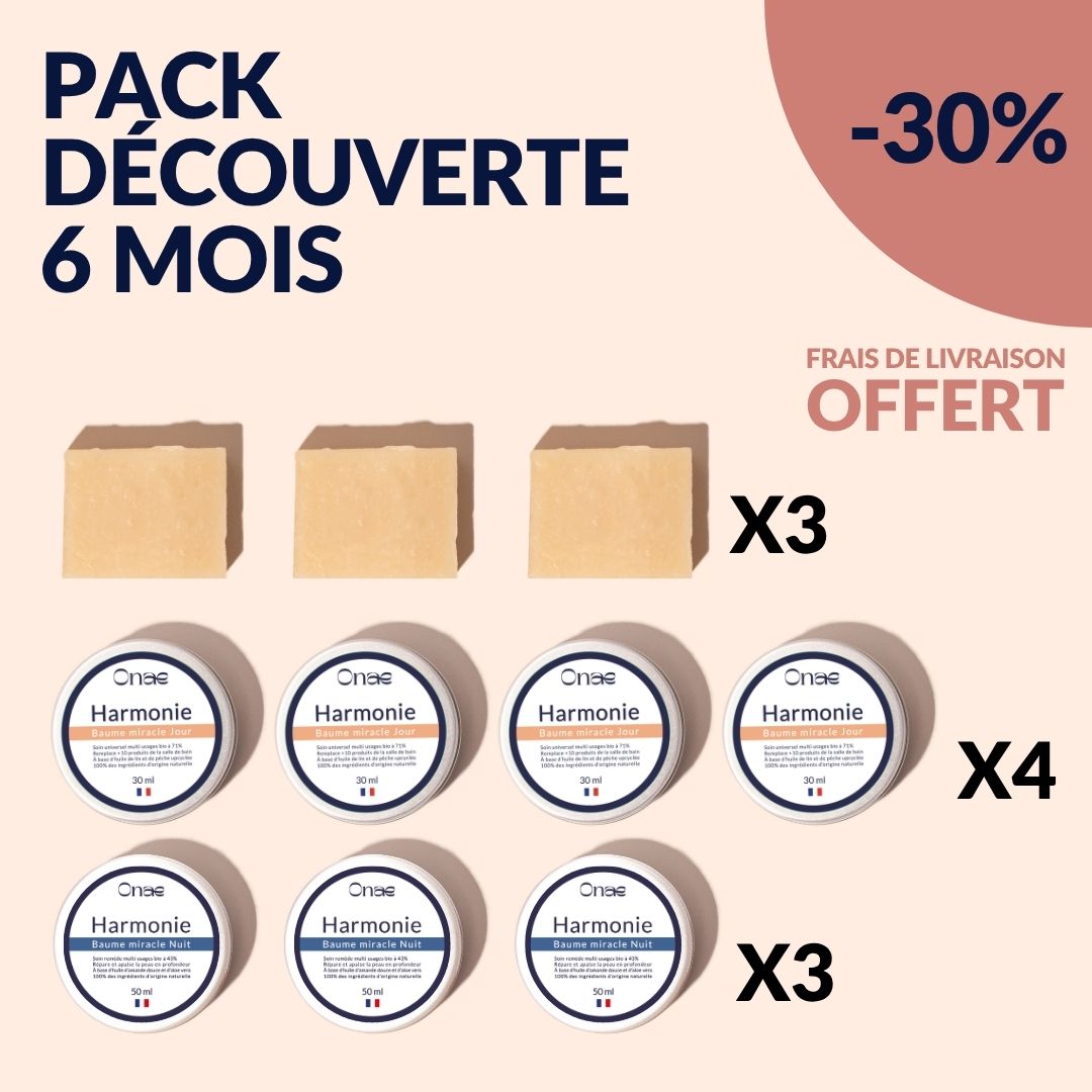 Ensemble de soins harmonieux comprenant plusieurs baumes réparateurs et trois savons solides, conçu pour une utilisation sur six mois avec une remise promotionnelle.