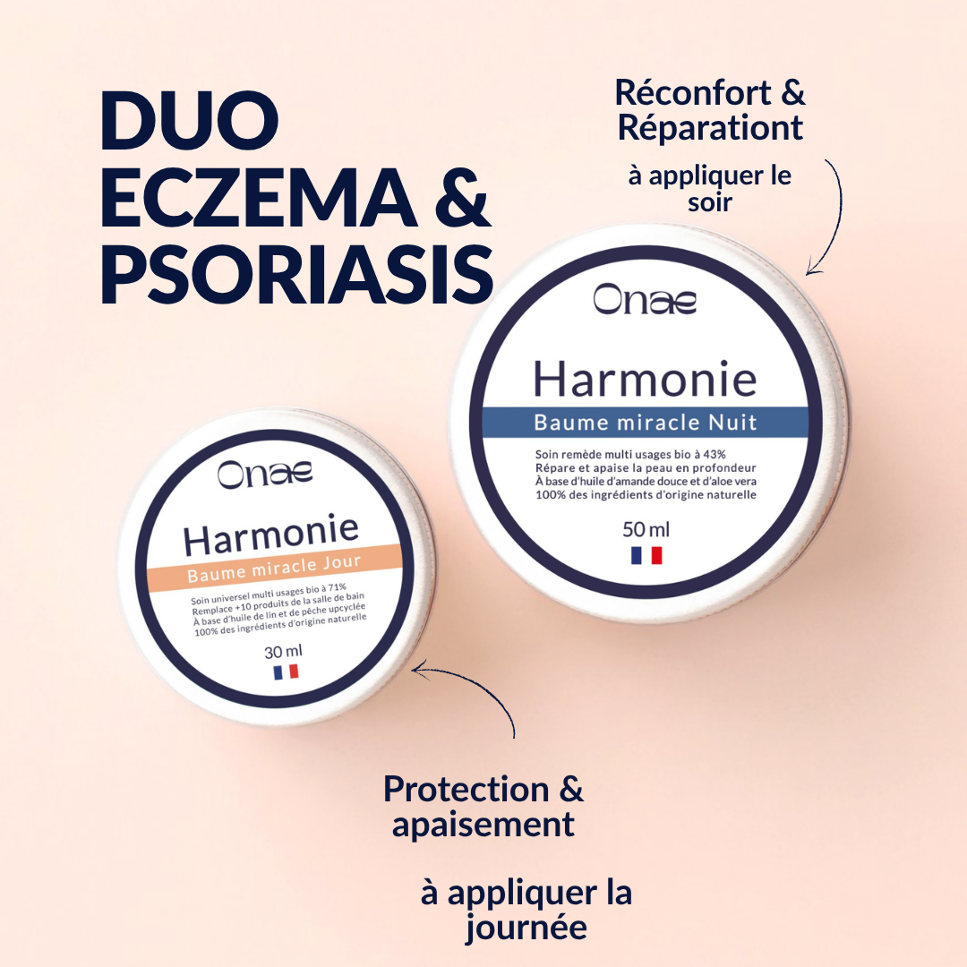 Deux baumes Onaé Harmonie pour eczéma et psoriasis, jour et nuit, formulés avec des ingrédients naturels pour protection, apaisement, réconfort et réparation de la peau.