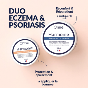 Deux baumes Onaé Harmonie pour eczéma et psoriasis, jour et nuit, formulés avec des ingrédients naturels pour protection, apaisement, réconfort et réparation de la peau.