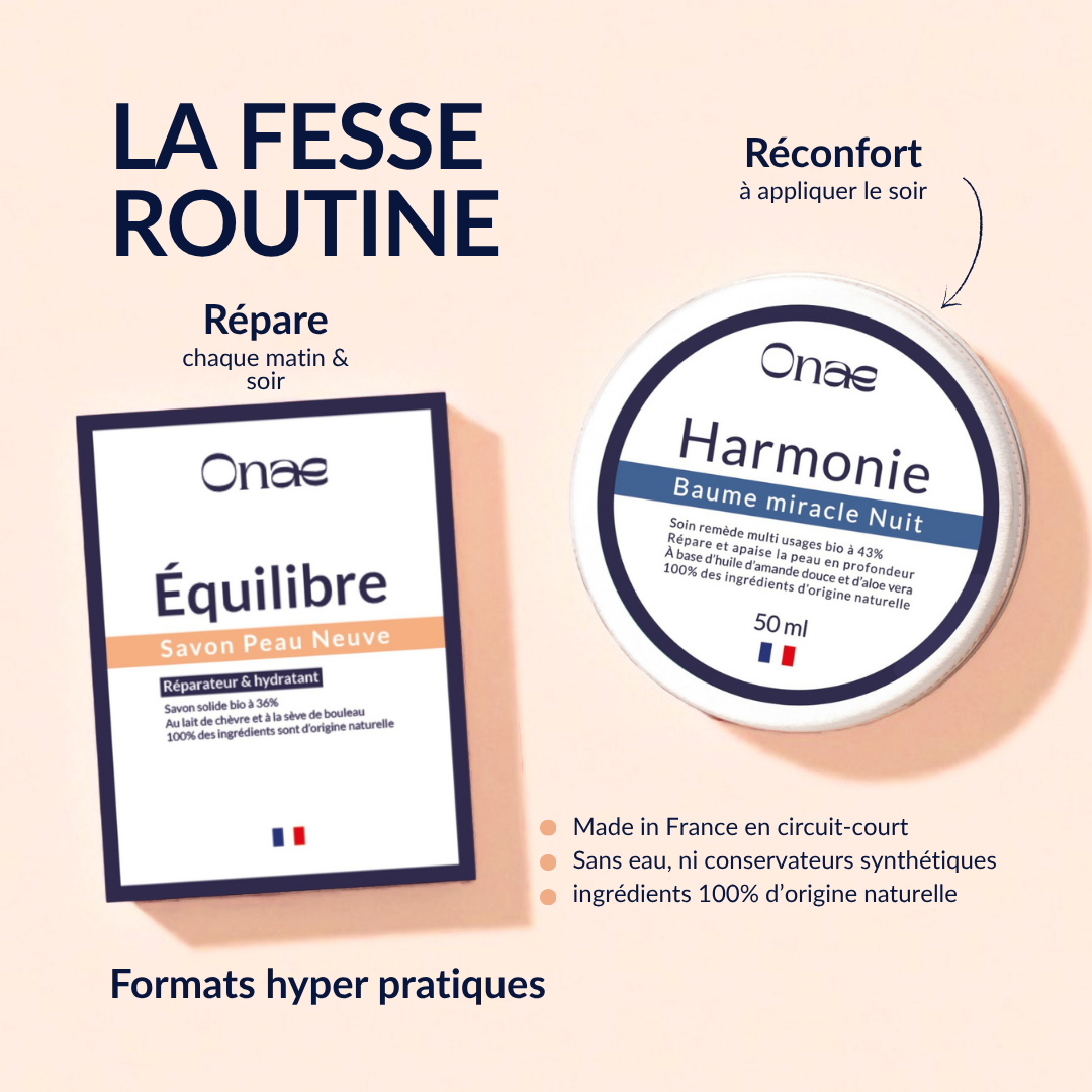 Packaging de savon réparateur et baume hydratant de la routine soin La fesse routine, formulation naturelle sans conservateurs, fabriqué en France, usage matin et soir.