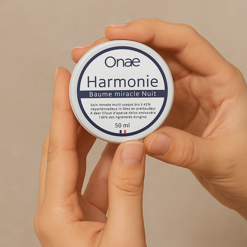 Pot de baume réparateur de nuit Onae Harmonie, 50 ml, présenté en mains, conçu pour soutenir la régénération cutanée intense et la réparation de la peau sensible.